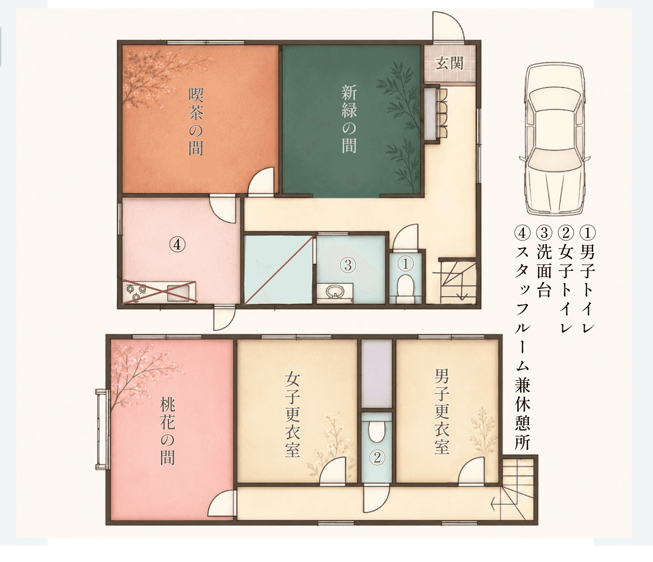春灯苑のブースと更衣室の間取り図